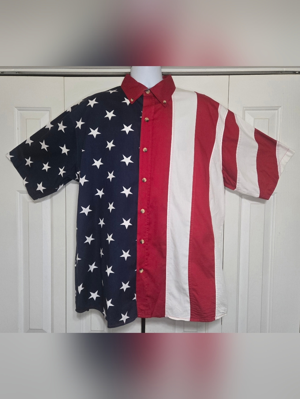 Cotton Traders Sport American Flag Shirt Mens XL Patriotic Stars Stripes 90s VTG